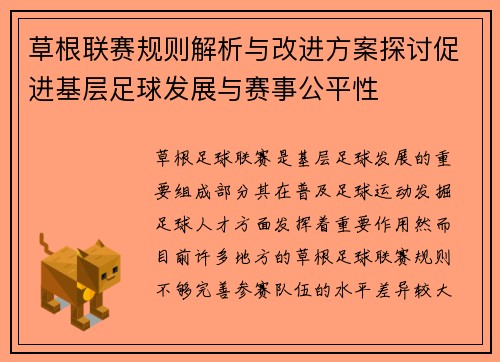 草根联赛规则解析与改进方案探讨促进基层足球发展与赛事公平性
