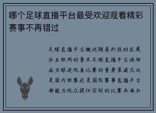 哪个足球直播平台最受欢迎观看精彩赛事不再错过